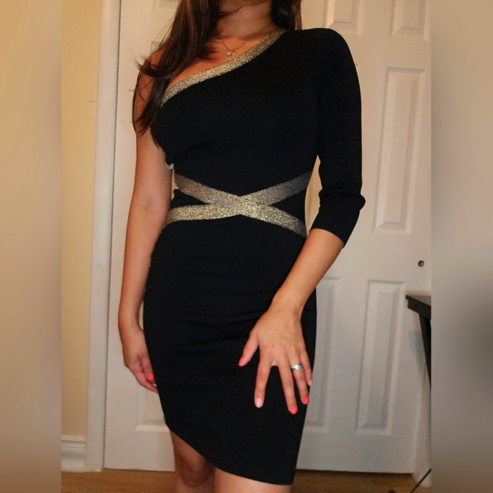 XOXO Black and Gold one-shoulder dress